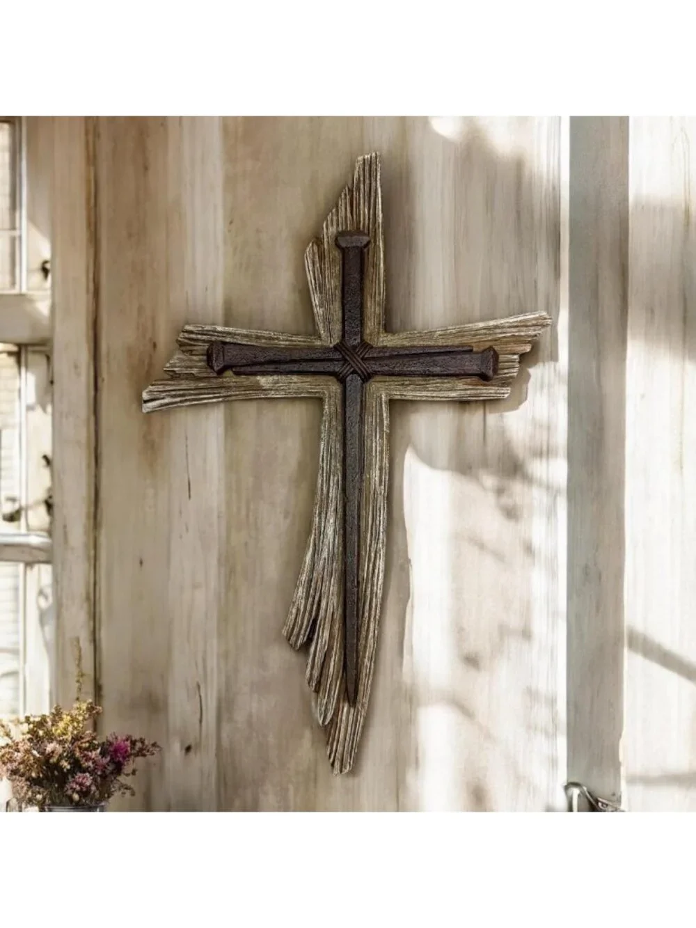 Rustic 3-Nail Wall Cross - 12.5” Resin Christian Decor with Weathered Wood Look
